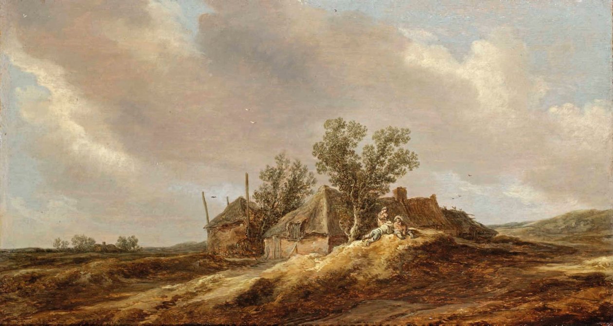 Een uitgestrekt duinlandschap met boeren die uitrusten voor een boerderij door Jan van Goyen