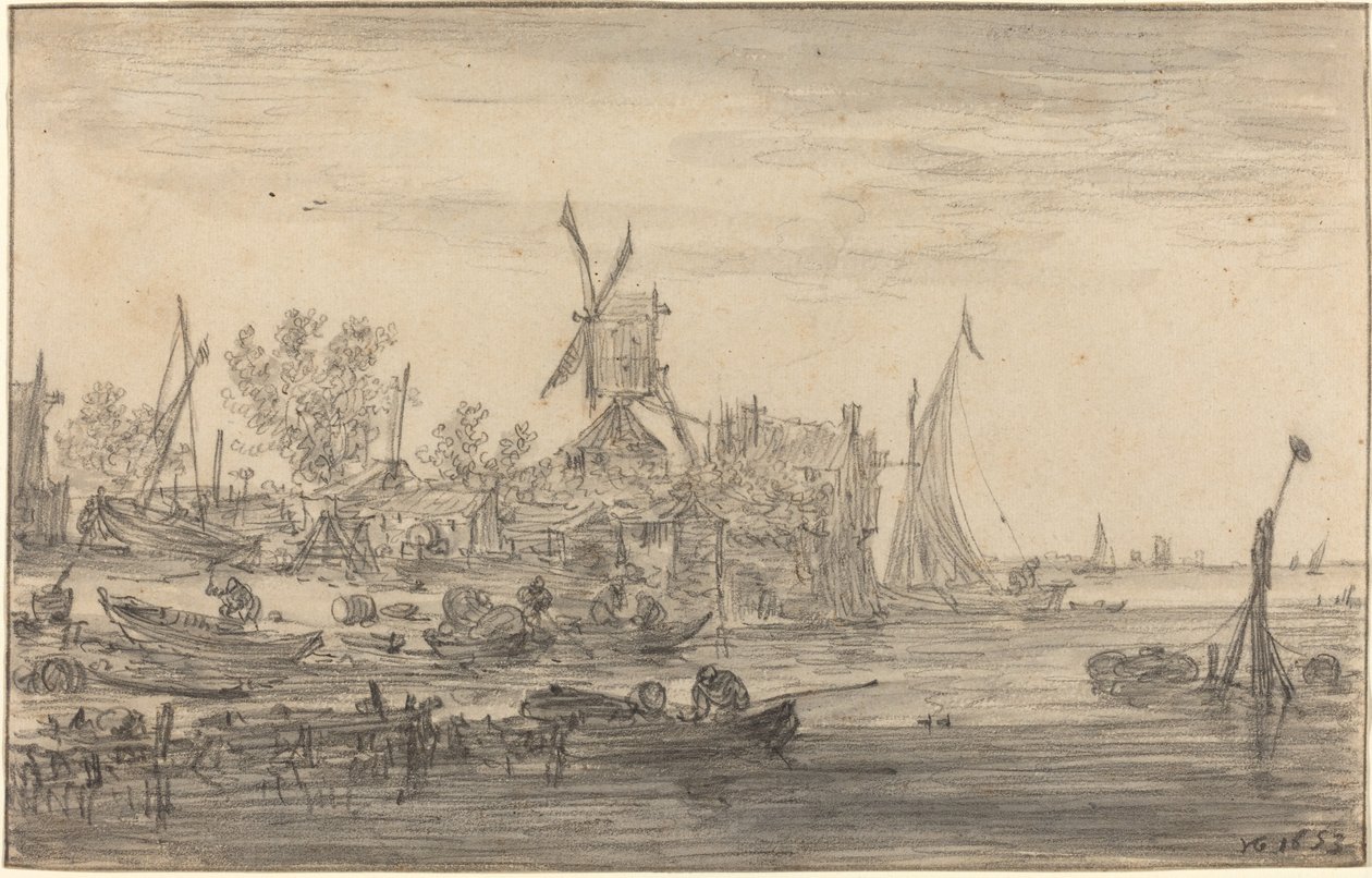 Kustscène met windmolen door Jan van Goyen