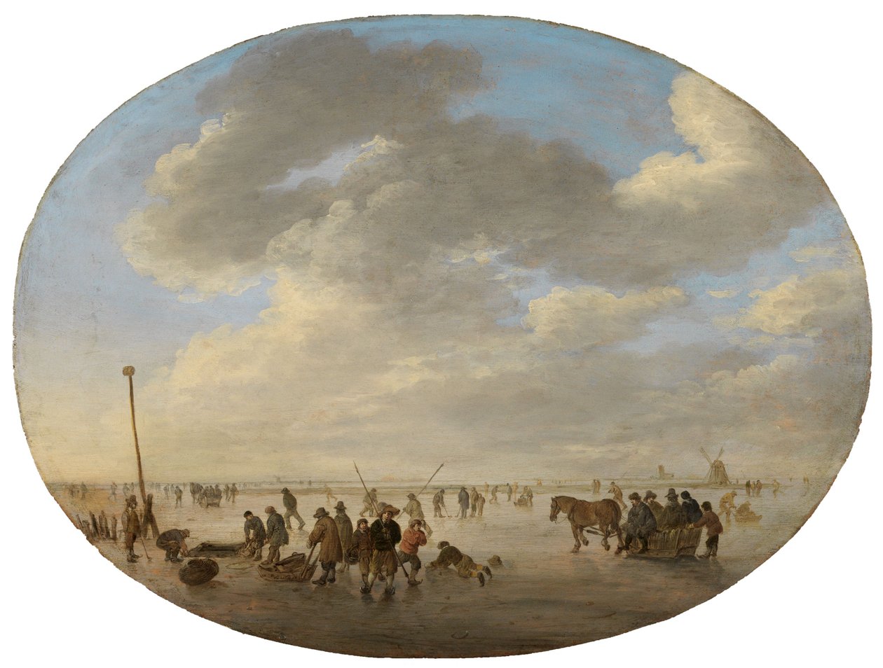 Nederlands vlak landschap met schaatsers door Jan van Goyen
