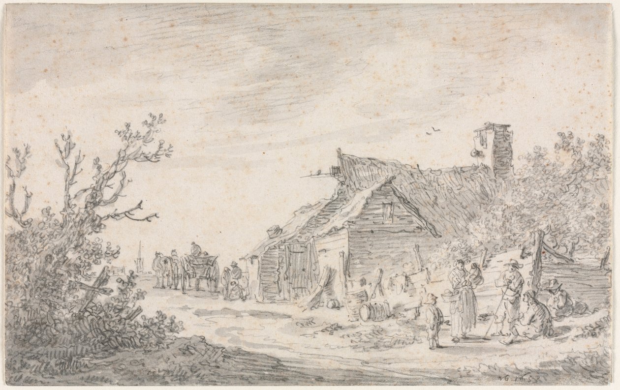 Landschap met een Huisje en Figuren door Jan van Goyen