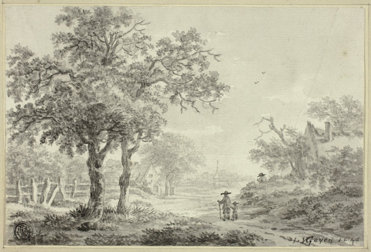 Man en jongen lopen dorpsweg af door Jan van Goyen