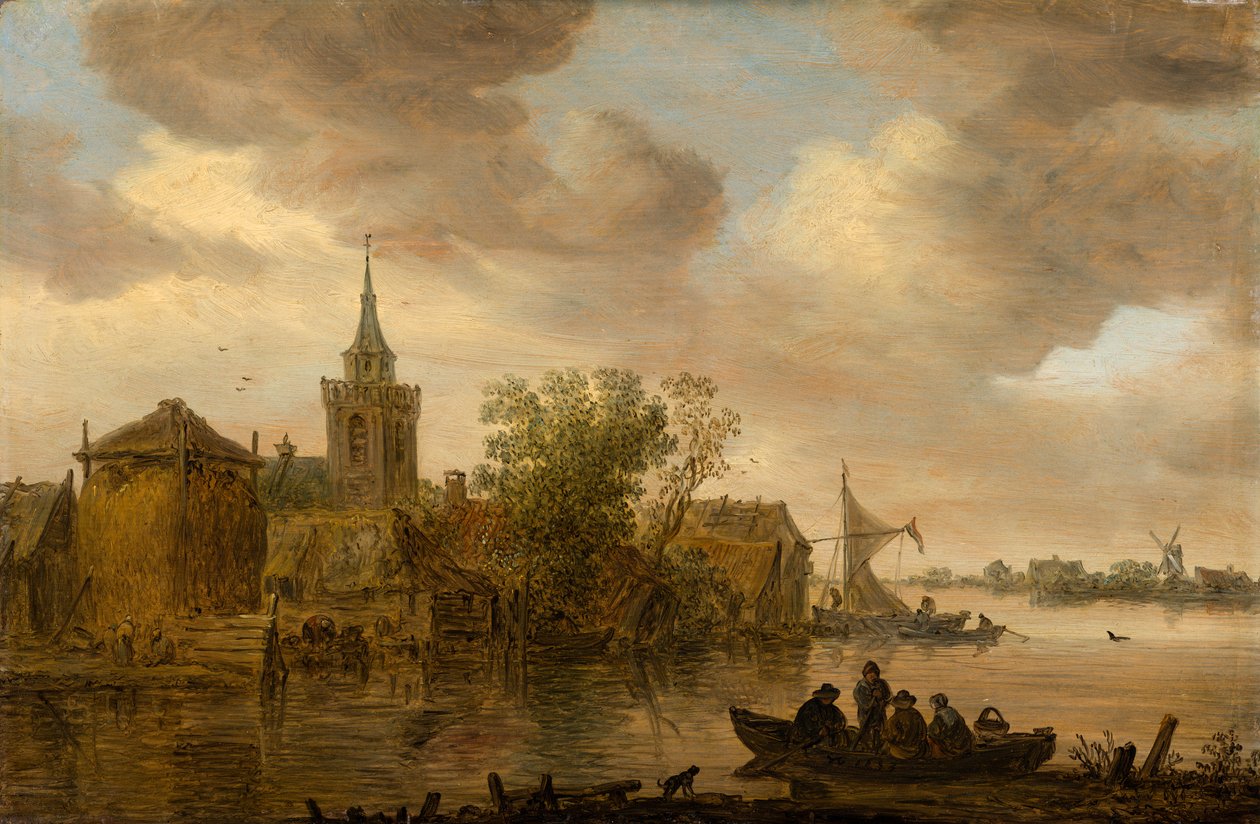 Uitzicht op de rivier met kerk en boerderij door Jan van Goyen