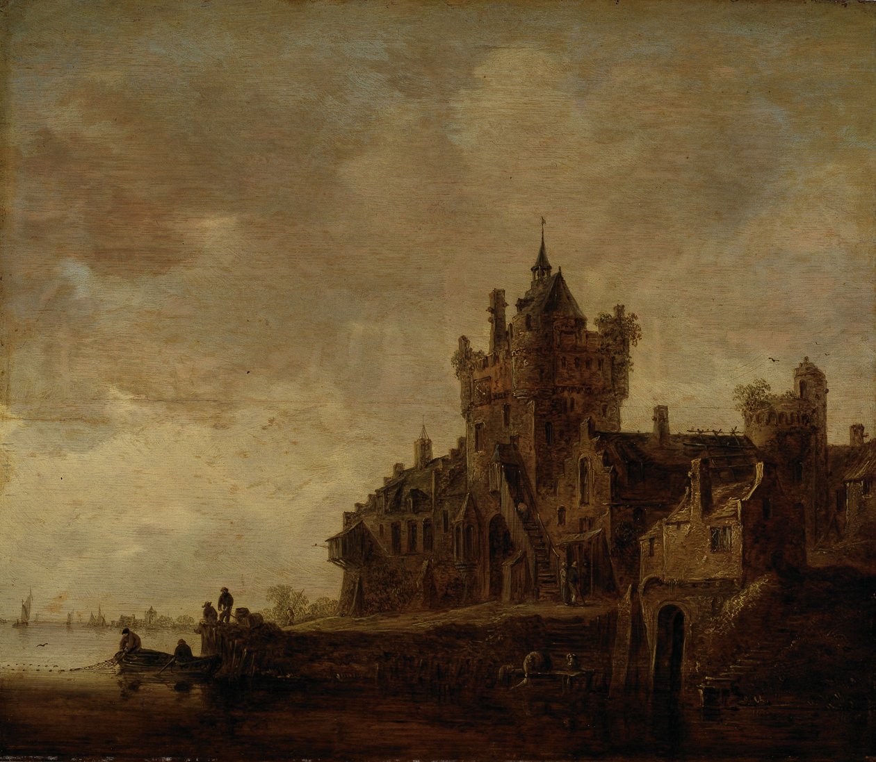 Rivierlandschap met burcht door Jan van Goyen