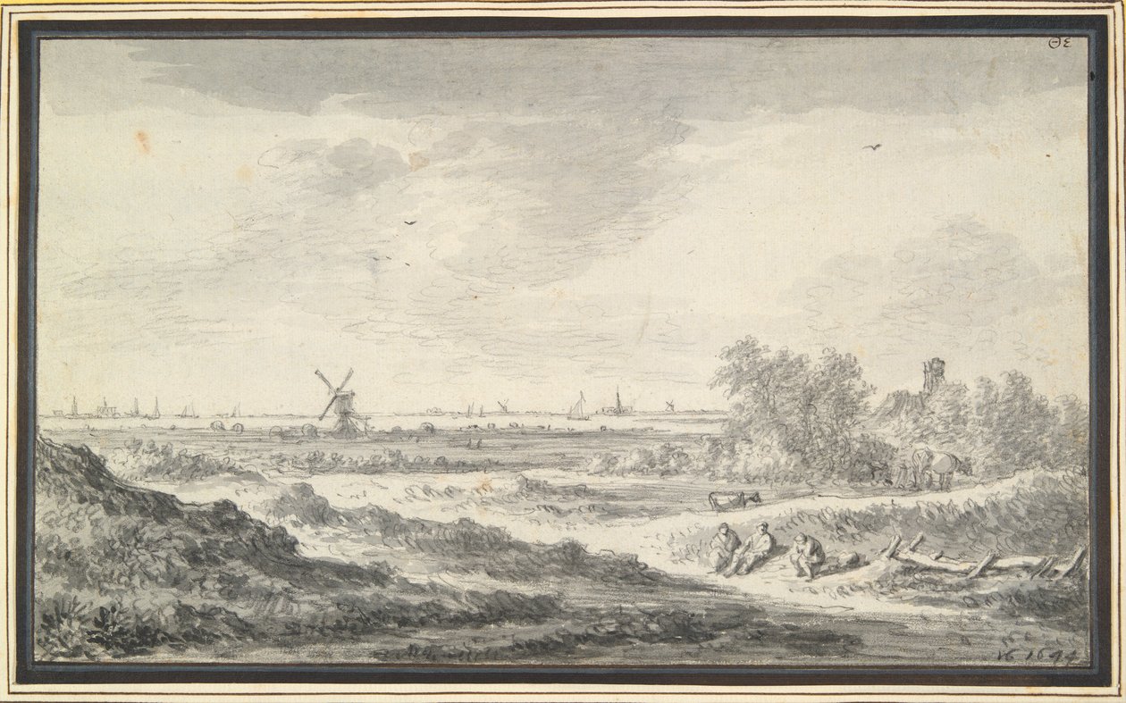 Uitzicht op een rivier met duinen op de voorgrond door Jan van Goyen