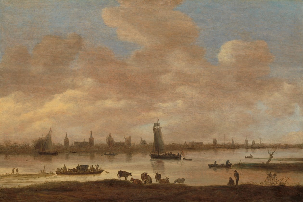 Gezicht op een denkbeeldige stad aan een rivier, met de toren van Sint Pol in Vianen door Jan van Goyen