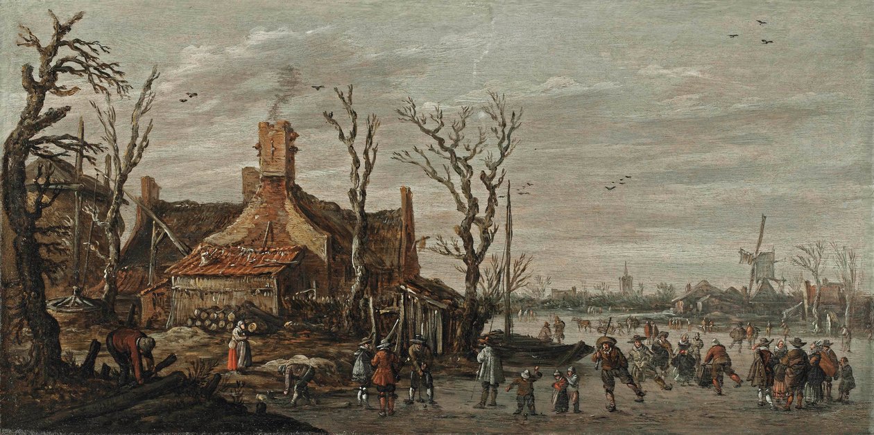 Winterlandschap met figuren op het ijs bij een huisje door Jan van Goyen