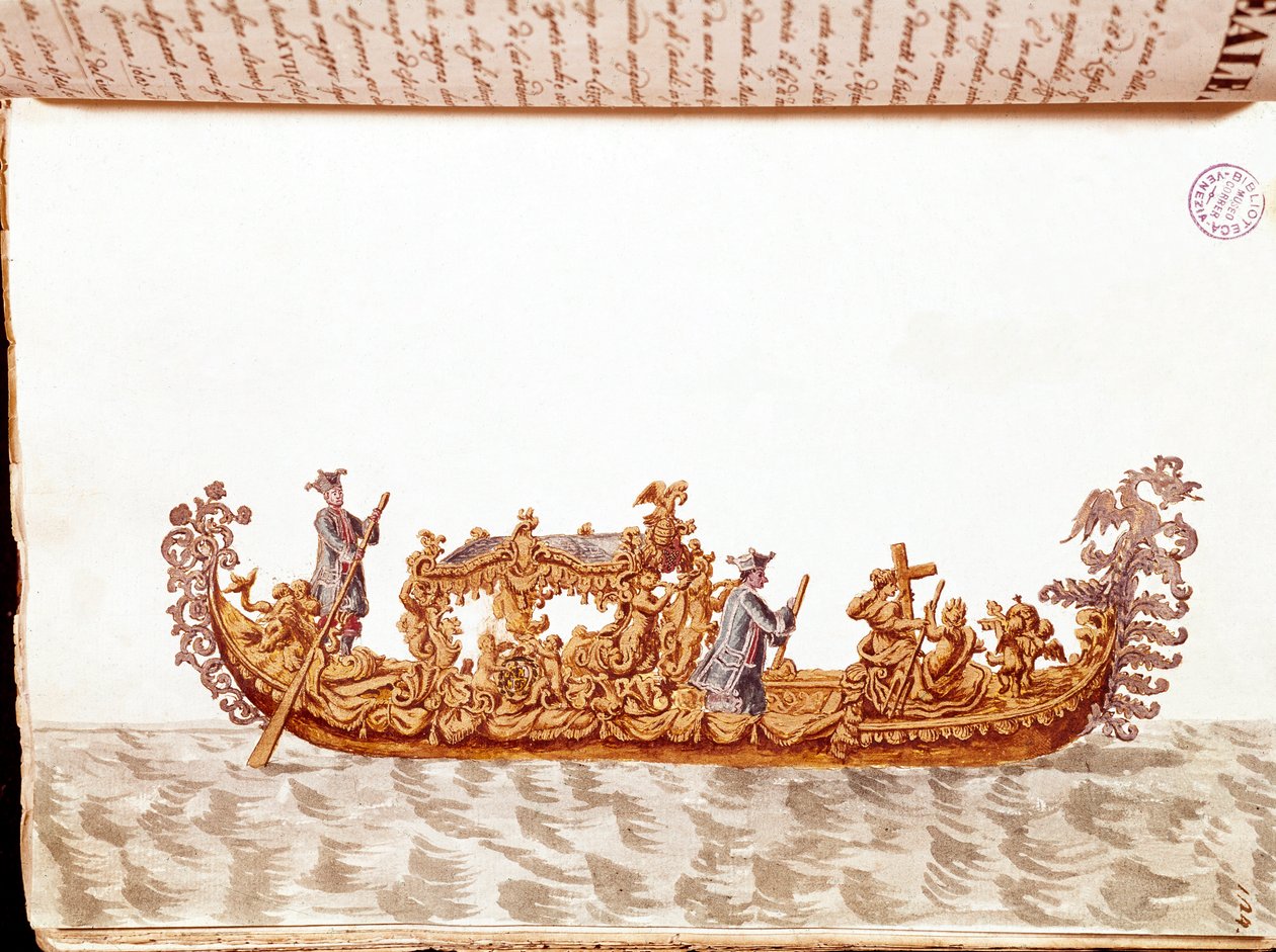 Een koninklijke gondel - Aquarel en inkt uit het manuscript 