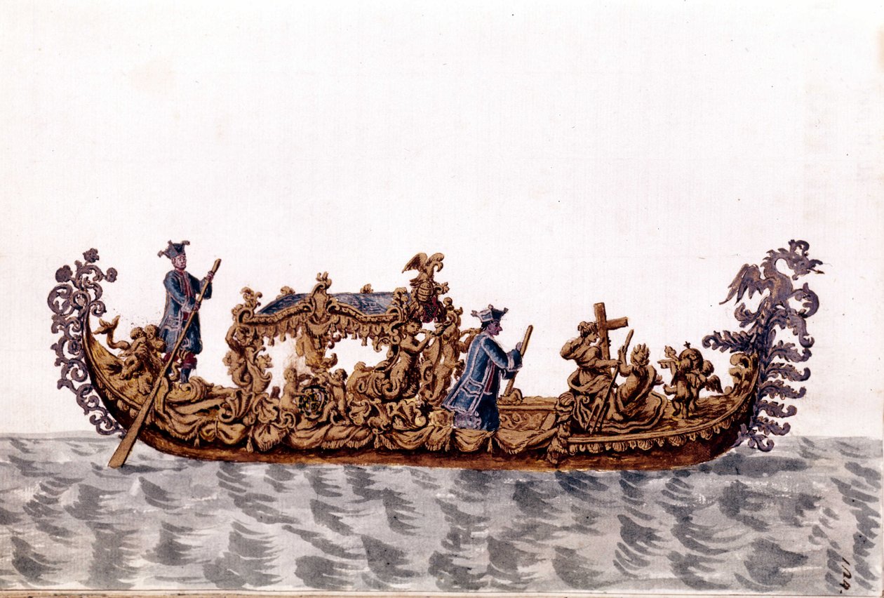Een koninklijke gondel. Aquarel en inkttekening uit het manuscript 