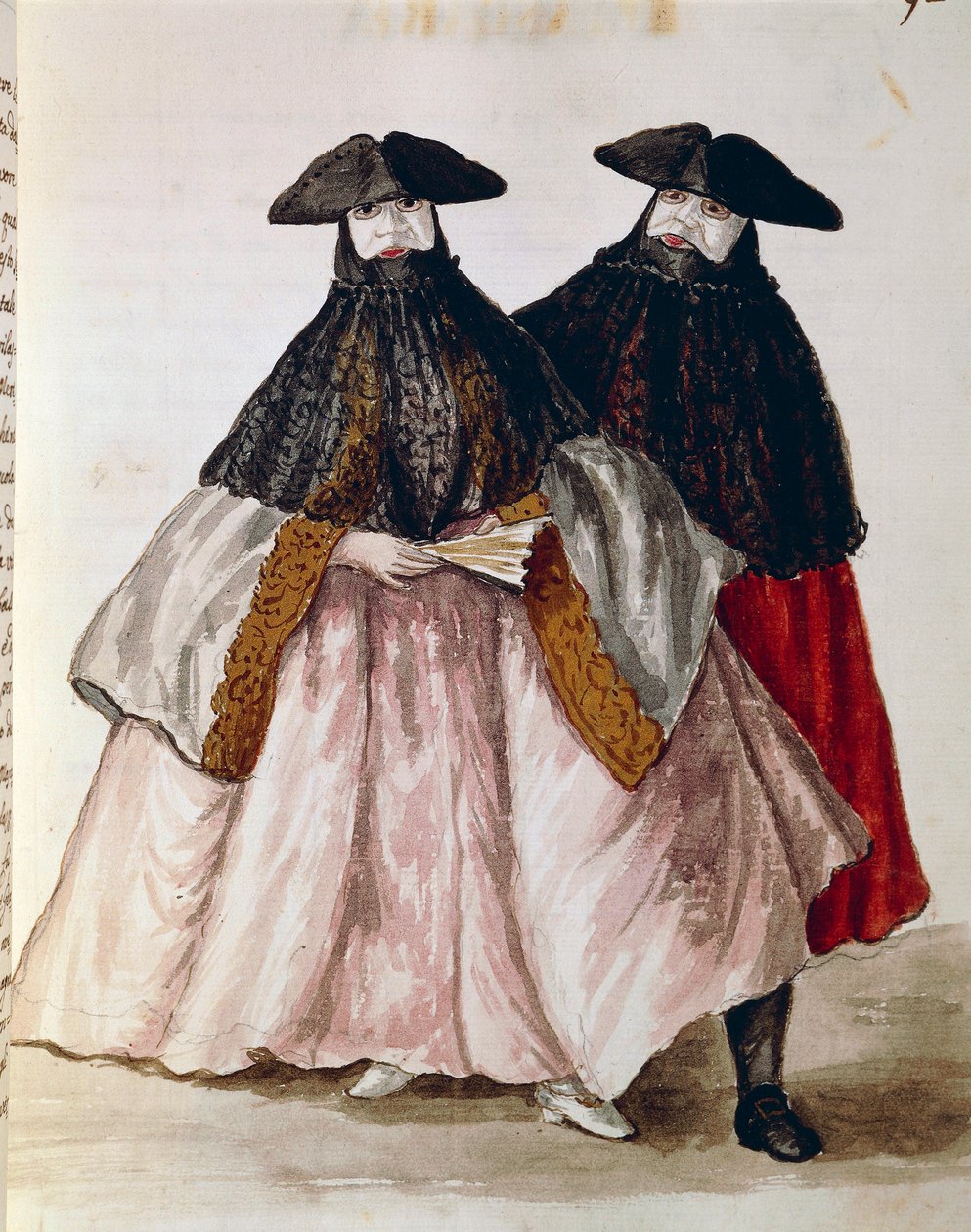 Carnavalfiguren in Venetië, illustratie uit Geïllustreerd boek van Venetiaanse kostuums, door Jan Grevenbroeck, aquarel, Italië door Jan van Grevenbroeck
