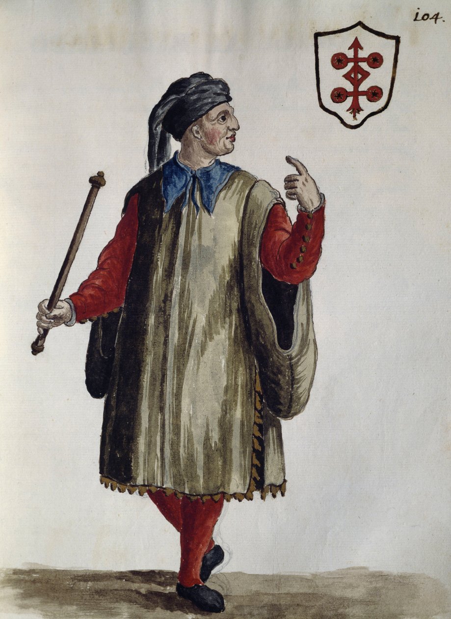 Carrarese kleding, aquarel uit De Venetiaanse kleding, van bijna elke leeftijd zorgvuldig verzameld en geschilderd in de 18e eeuw door Jan van Grevenbroeck