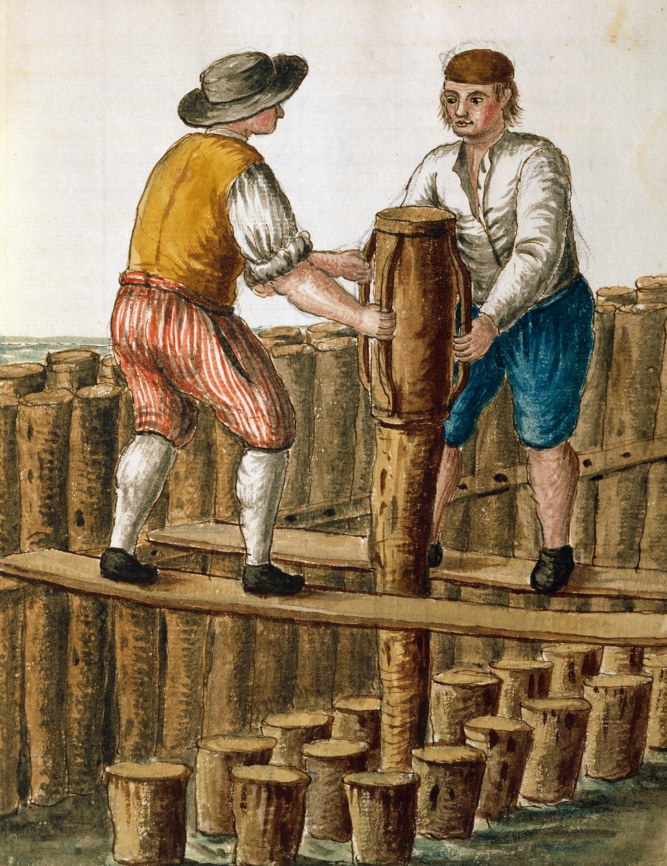 Funderingen leggen van de Venetiaanse lagune, illustratie uit Dress of Venetians manuscript door Jan van Grevenbroeck