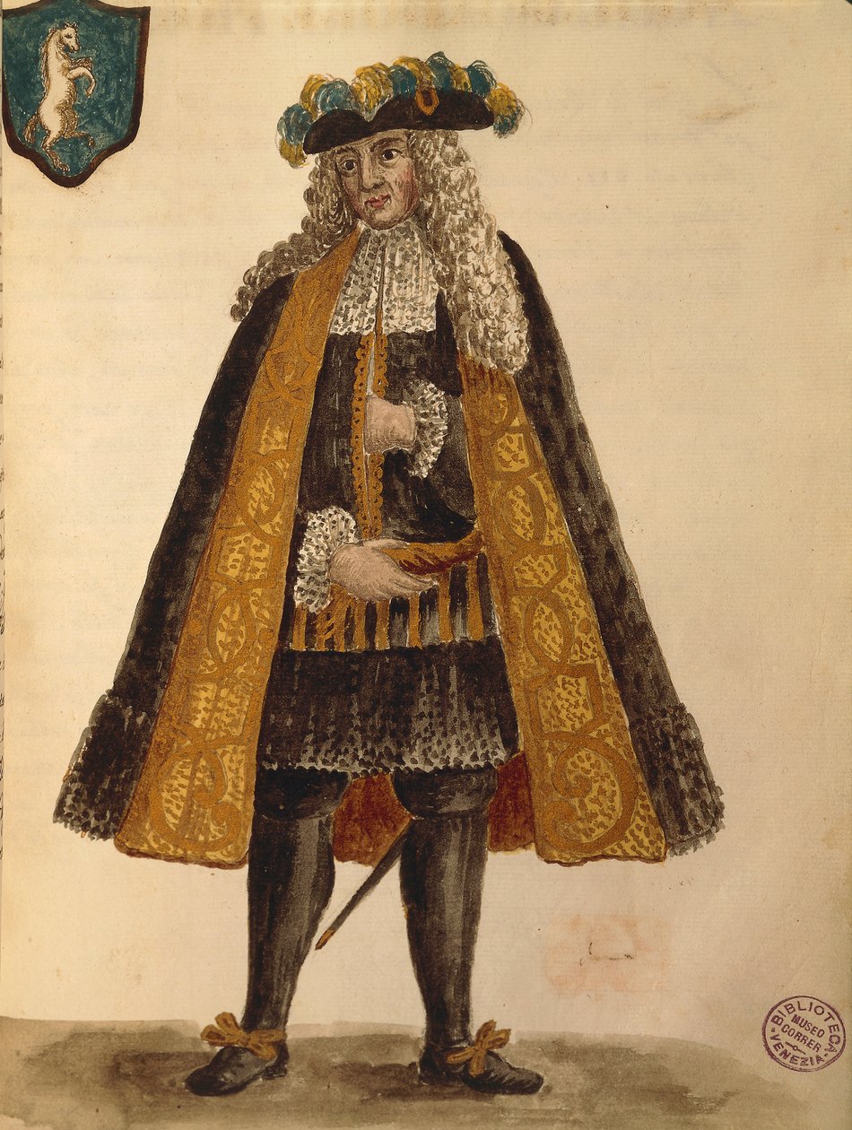 Sardijnse ambassadeur, Gli Abiti de Veneziani, uit geïllustreerd boek van kostuums door Jan van Grevenbroeck