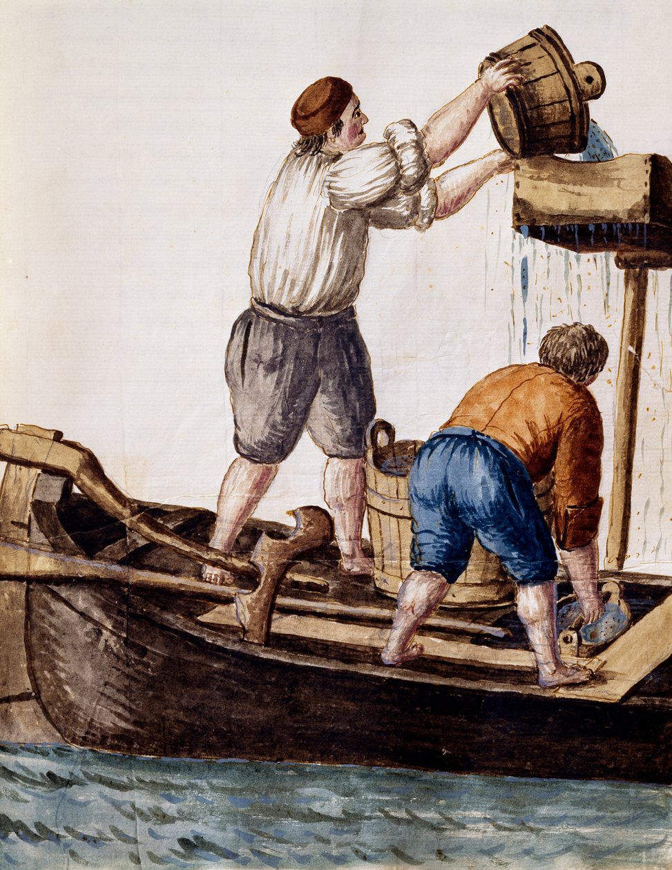 Het zeven van kanaalwateren op zoek naar verloren voorwerpen, illustratie uit Geïllustreerd boek van Venetiaanse kostuums, door Jan Grevenbroeck (1731-1807), aquarel, Italië door Jan van Grevenbroeck