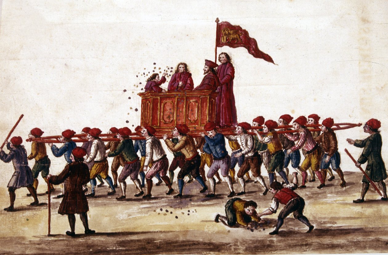 Venetiaanse feesten. De prins die net is gekozen wordt door de Arsenal-arbeiders in triomf naar het San Marcoplein gedragen. Tijdens de tocht gooit hij munten naar de menigte. Aquareltekening en inkt uit het manuscript “Gewoonten van de Venetianen” door door Jan van Grevenbroeck