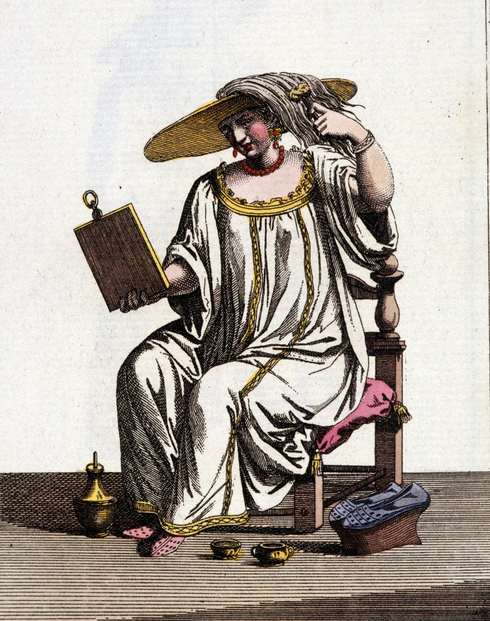 Venetiaanse vrouwenmethode om hun haar in de zon te verlichten in de 17e - 18e eeuw. Aquareltekening en inkt uit het manuscript “Gewoonten van de Venetianen” door Jan van Grevenbroeck (of Giovanni Grevembroch (Grevenbroch) (1731-1807) door Jan van Grevenbroeck