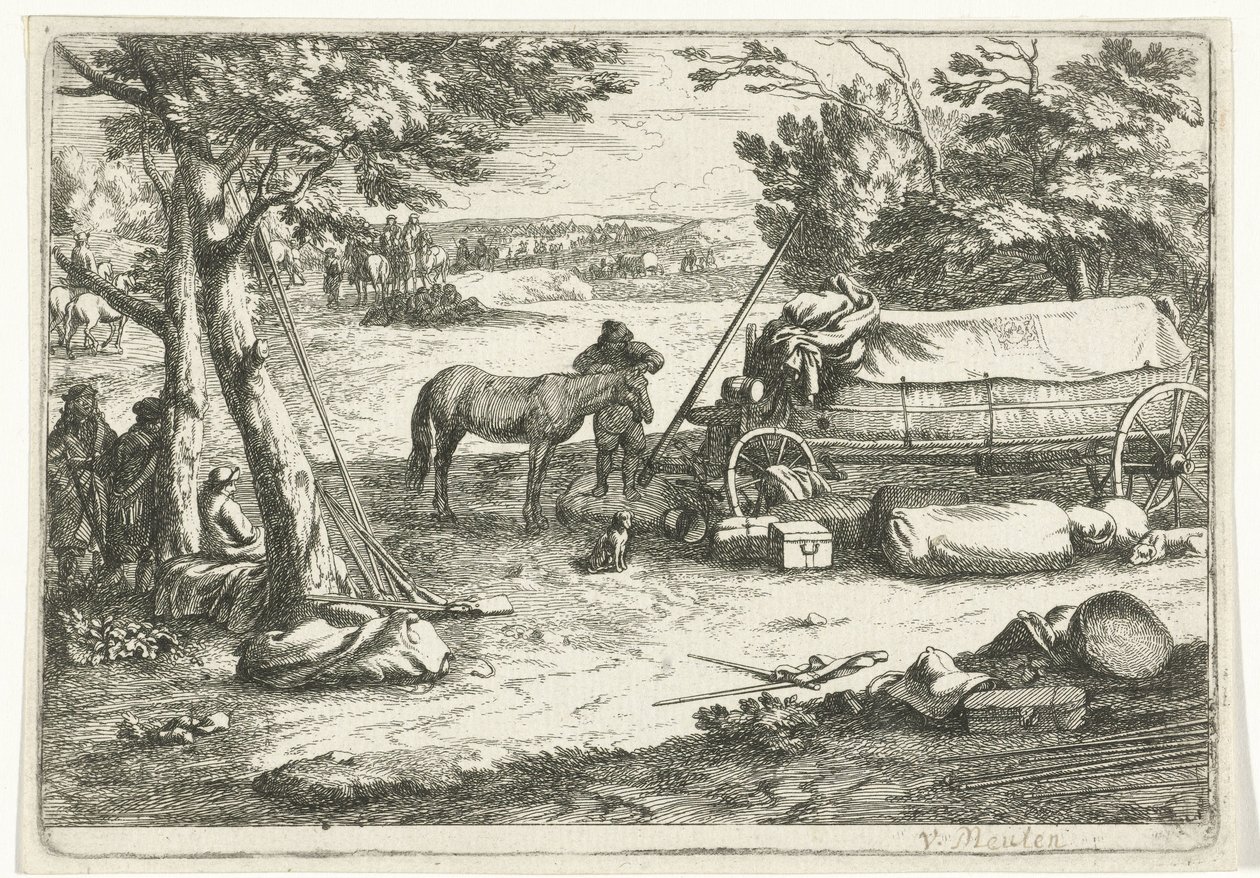 Landschap met kar en figuren door Jan van Huchtenburg