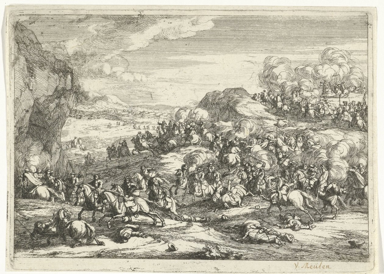 Landschap met ruitergevecht door Jan van Huchtenburg