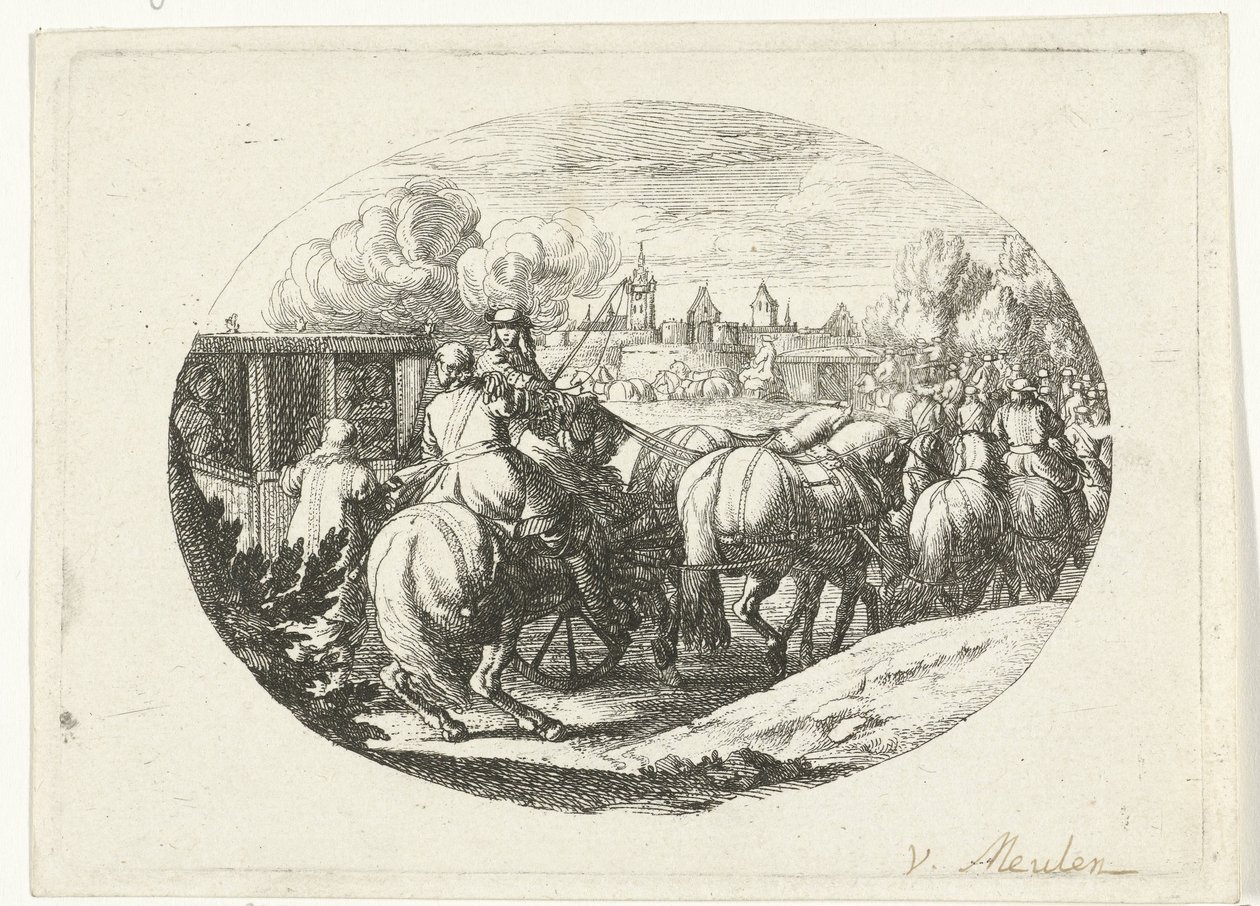Leger en koetsen trekken naar stad door Jan van Huchtenburg