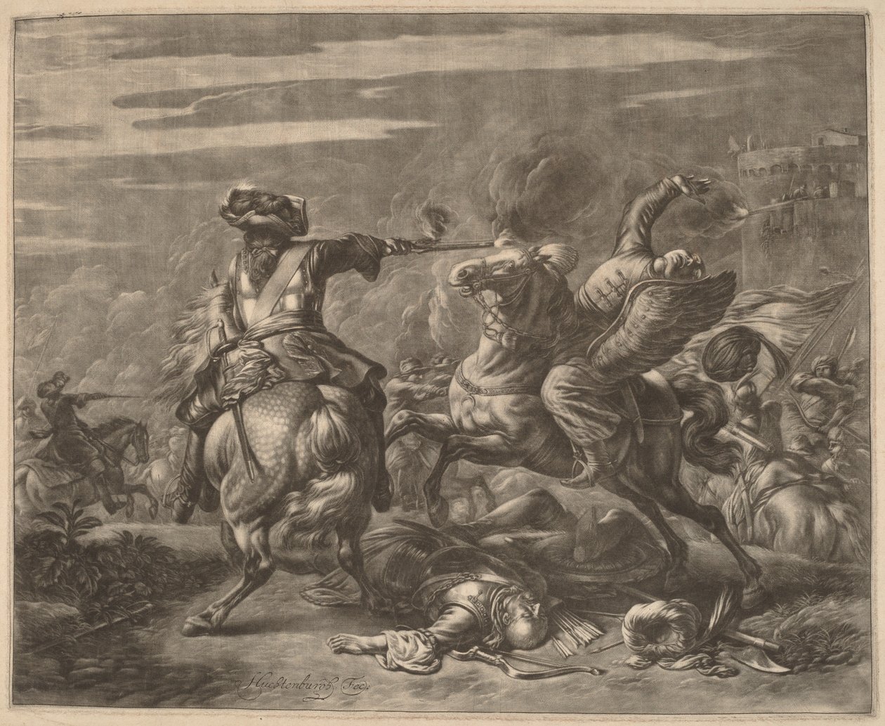 Een ruiter schiet een Turk van zijn paard door Jan van Huchtenburgh