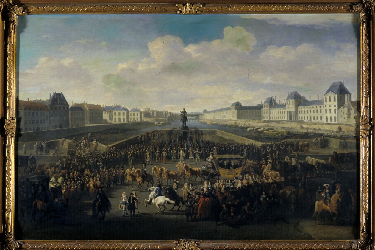 Lodewijk XIV nadert de Pont Neuf, Parijs door Jan van Huchtenburgh