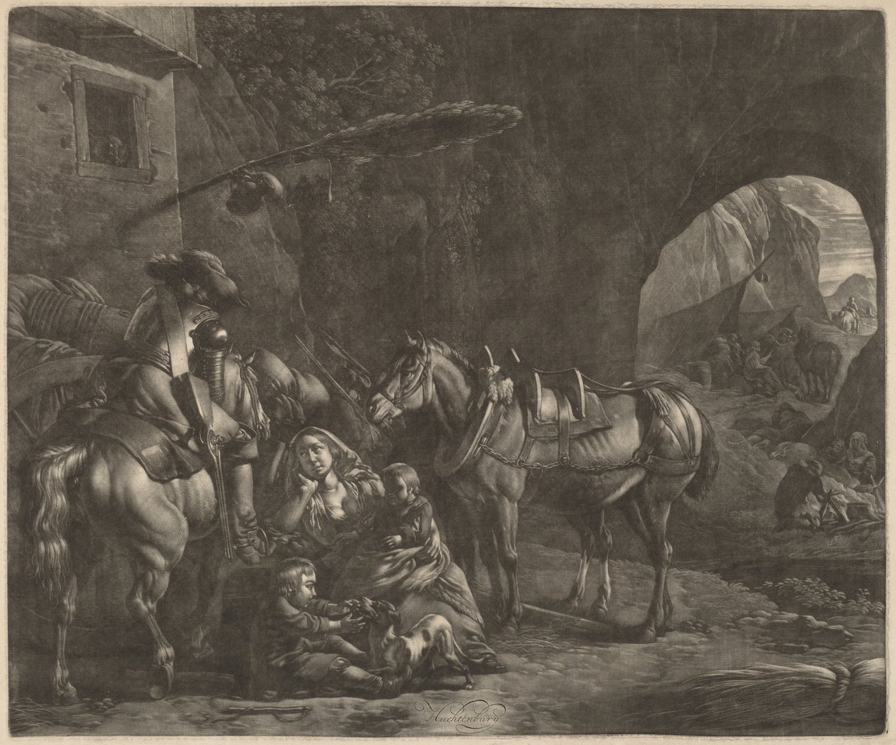 Moeder met Twee Kinderen en een Paard voor een Herberg door Jan van Huchtenburgh