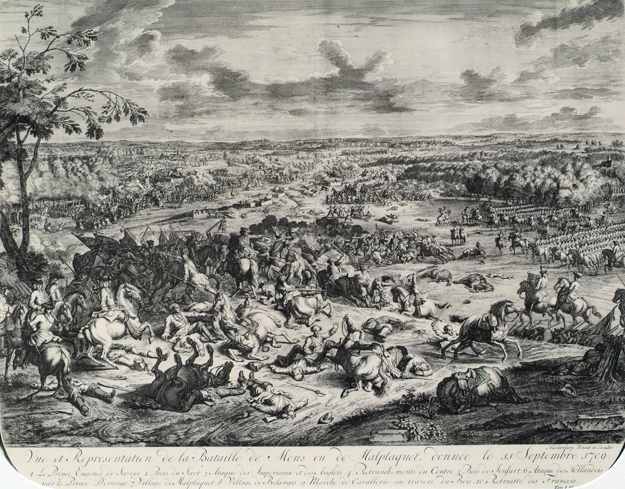 Gevechtsscènes uit: Dumont et Rousset, Histoire militaire du Prince Eugene (1663-1736), serie van acht gravures door Jan van Huchtenburgh