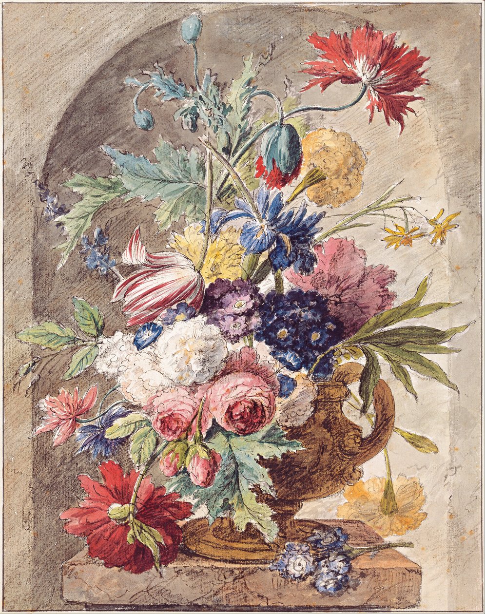 Dutch: Bloemstilleven in een vaas met oor op een piëdestal in een nis Flower Still Life door Jan van Huysum