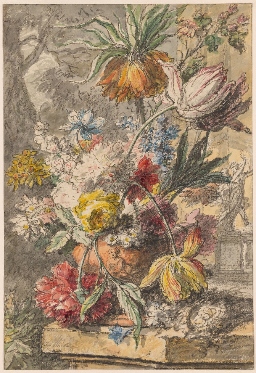Bloemen in een Urn en vogelnest op een stenen sokkel, met een beeld van "Apollo en Daphne" op de achtergrond door Jan van Huysum