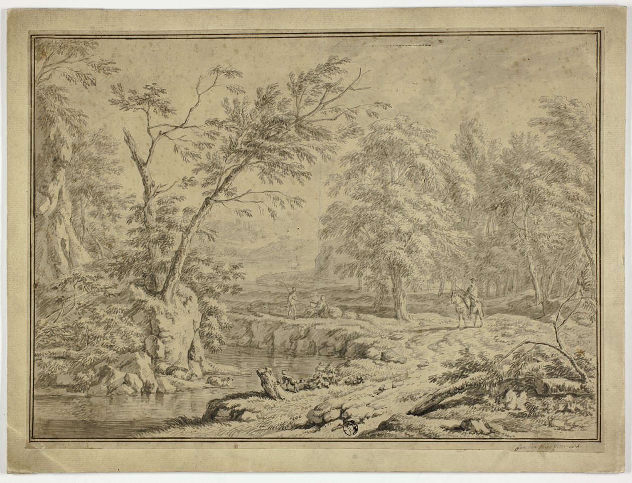 Landschap met herders bij rivier en man te paard door Jan van Huysum