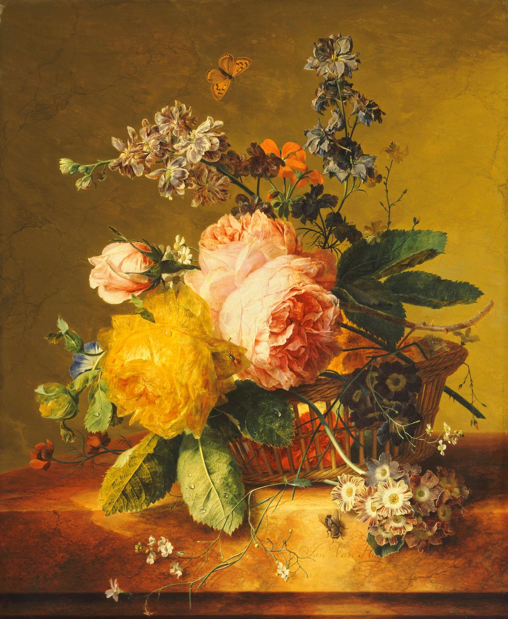 Rozen en andere Bloemen in een Mand op een Marmeren Rand, ca. 1742 door Jan van Huysum