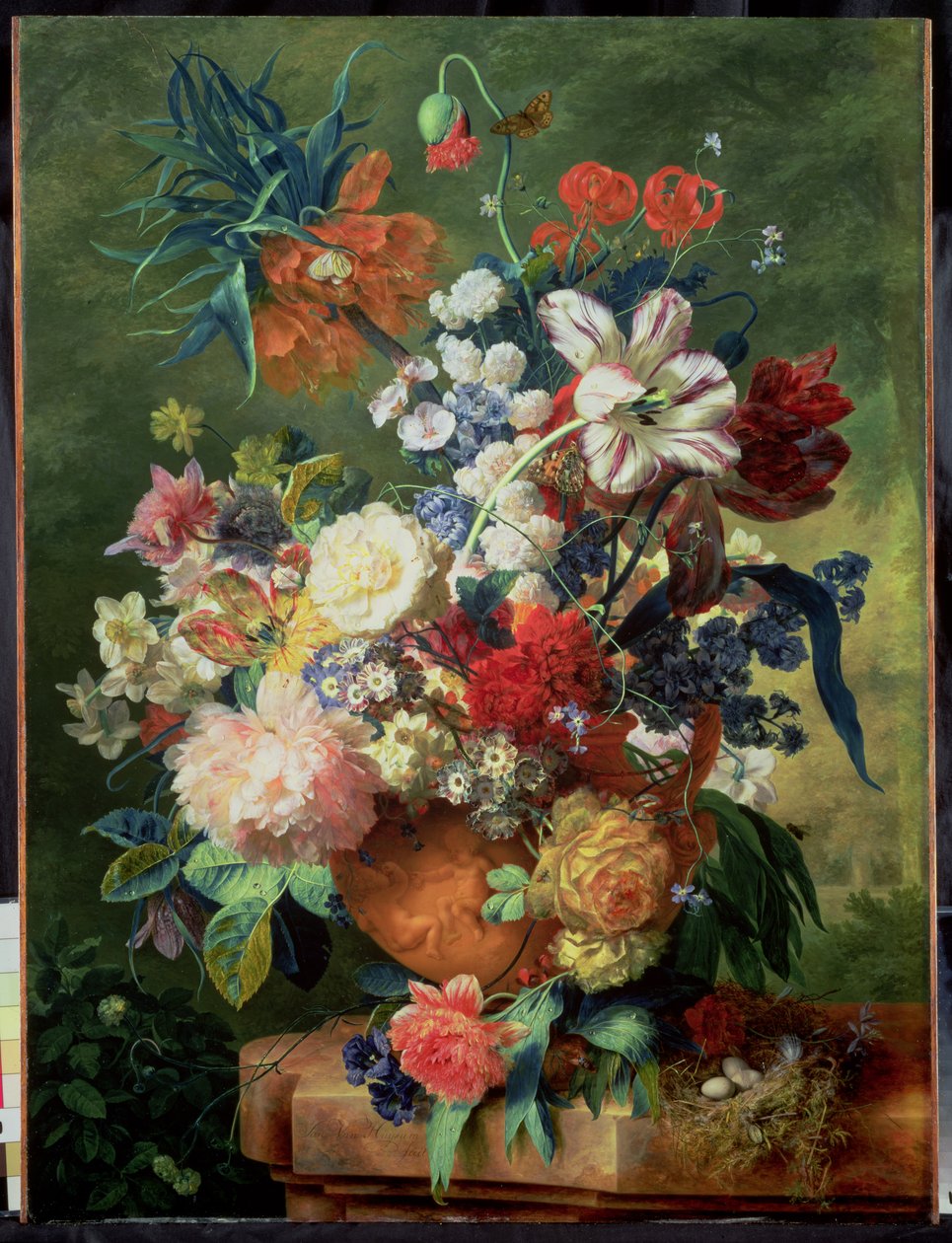 Stilleven van bloemen en een vogelnest op een voetstuk door Jan van Huysum