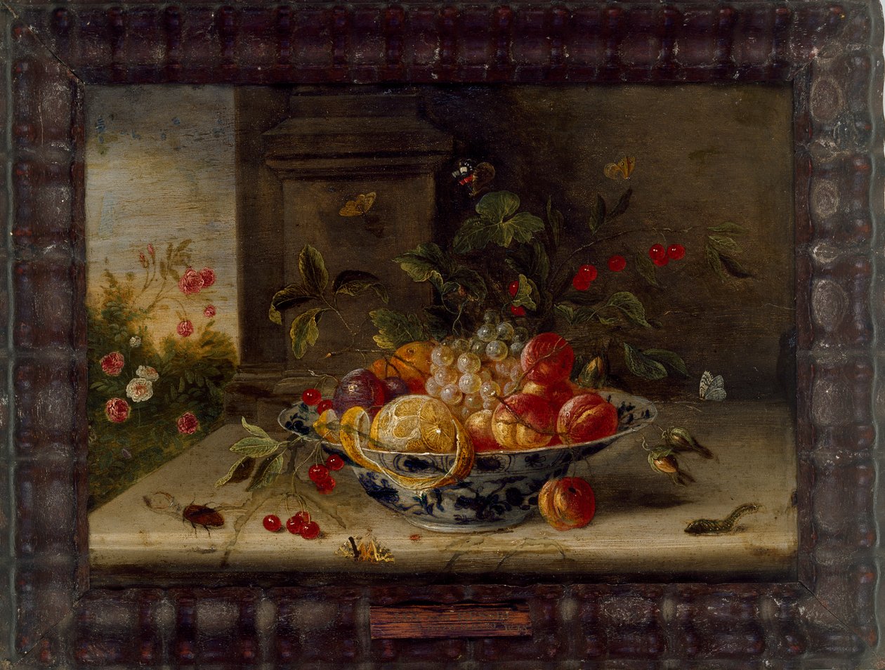 Decoratieve stillevencompositie met een porseleinen kom, fruit en insecten, midden 17e eeuw door Jan van Kessel