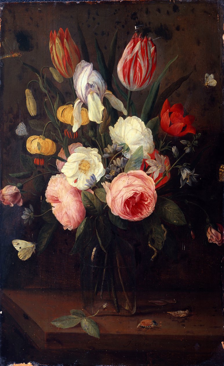 Rozen, Tulpen en andere Bloemen in een Glazen Vaas, met Insecten, op een Tafel door Jan van Kessel