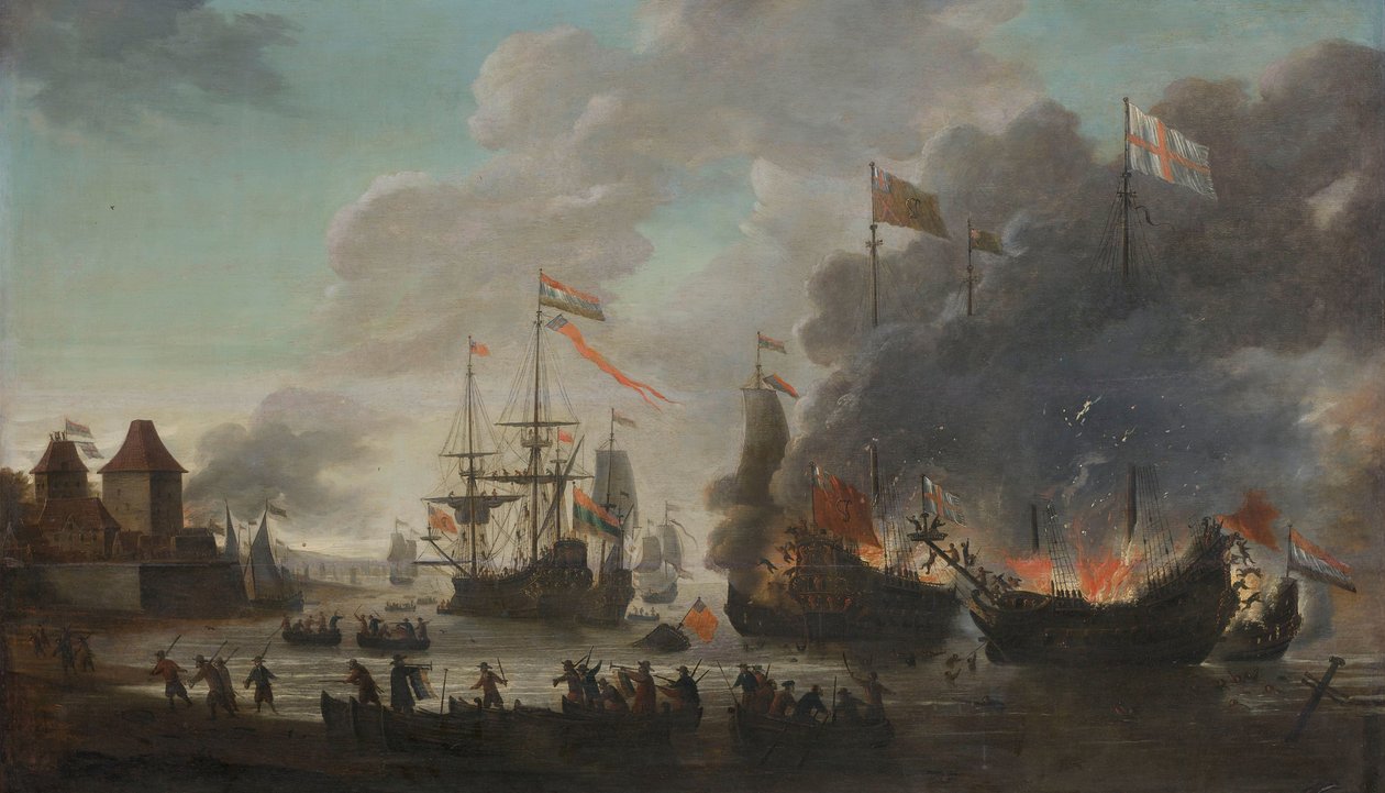 De Nederlanders verbranden Engelse schepen tijdens de Nederlandse aanval op de Medway, 20 juni 1667 door Jan van Leyden
