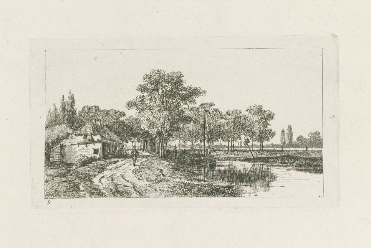 Landschap met aangemeerde boot door Jan van Lokhorst