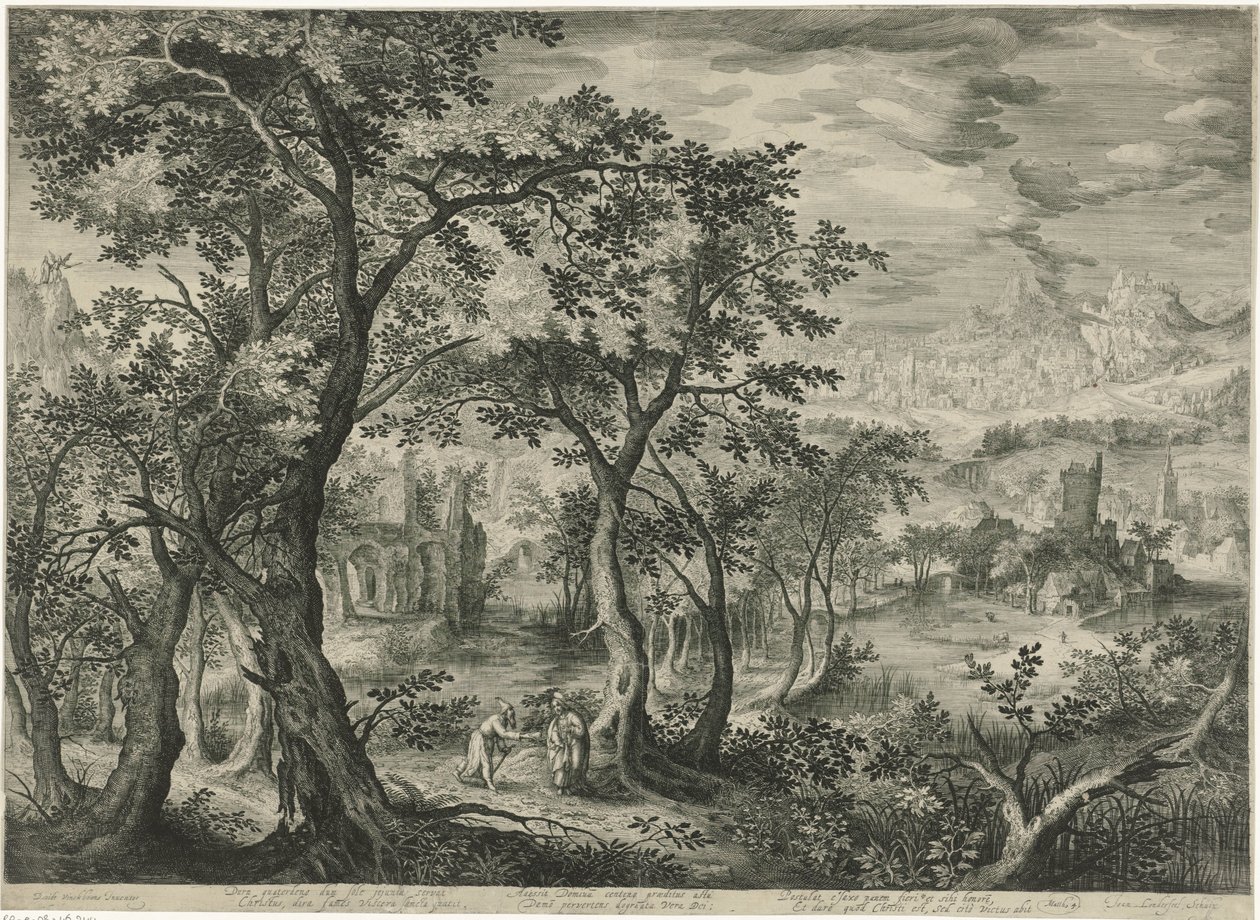 Berglandschap met de verzoeking van Christus door Jan van Londerseel