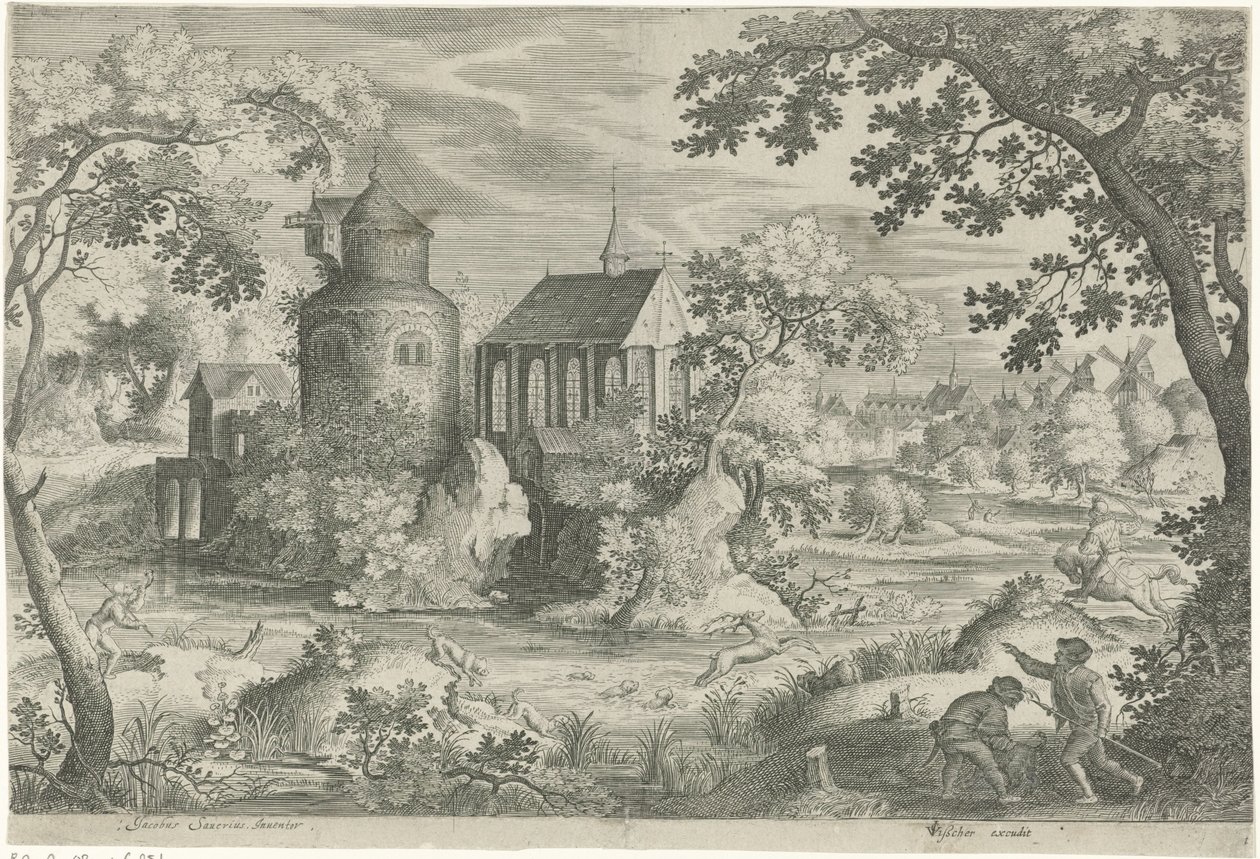 Hertenjacht bij een kapel door Jan van Londerseel