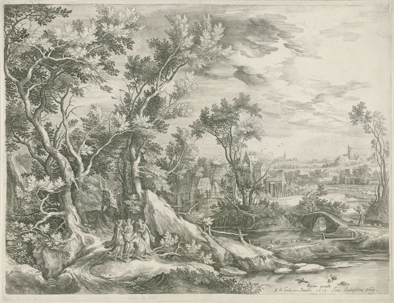 Landschap met Abraham die de drie engelen smeekt Sodom te sparen door Jan van Londerseel
