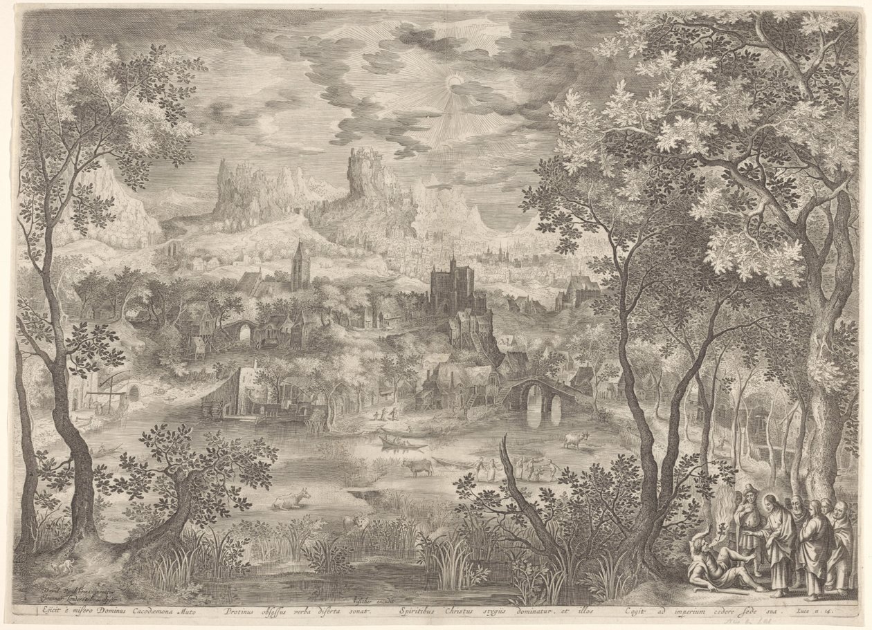 Landschap met Christus die een demon uitdrijft bij een stomme man door Jan van Londerseel