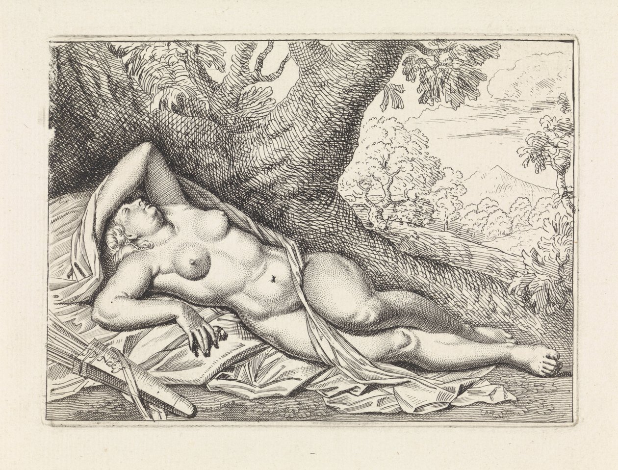 Slapende Diana in landschap door Jan van Neck