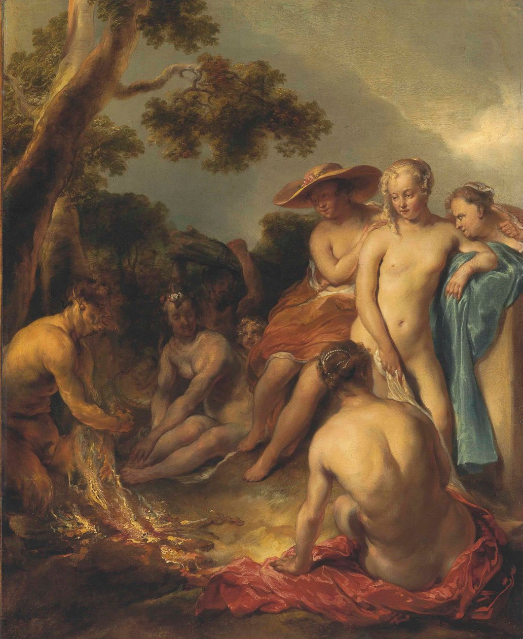Duits: Satyr und Nymphen (das Bad der Diana) Nimfen en een Satyr door Jan van Noordt