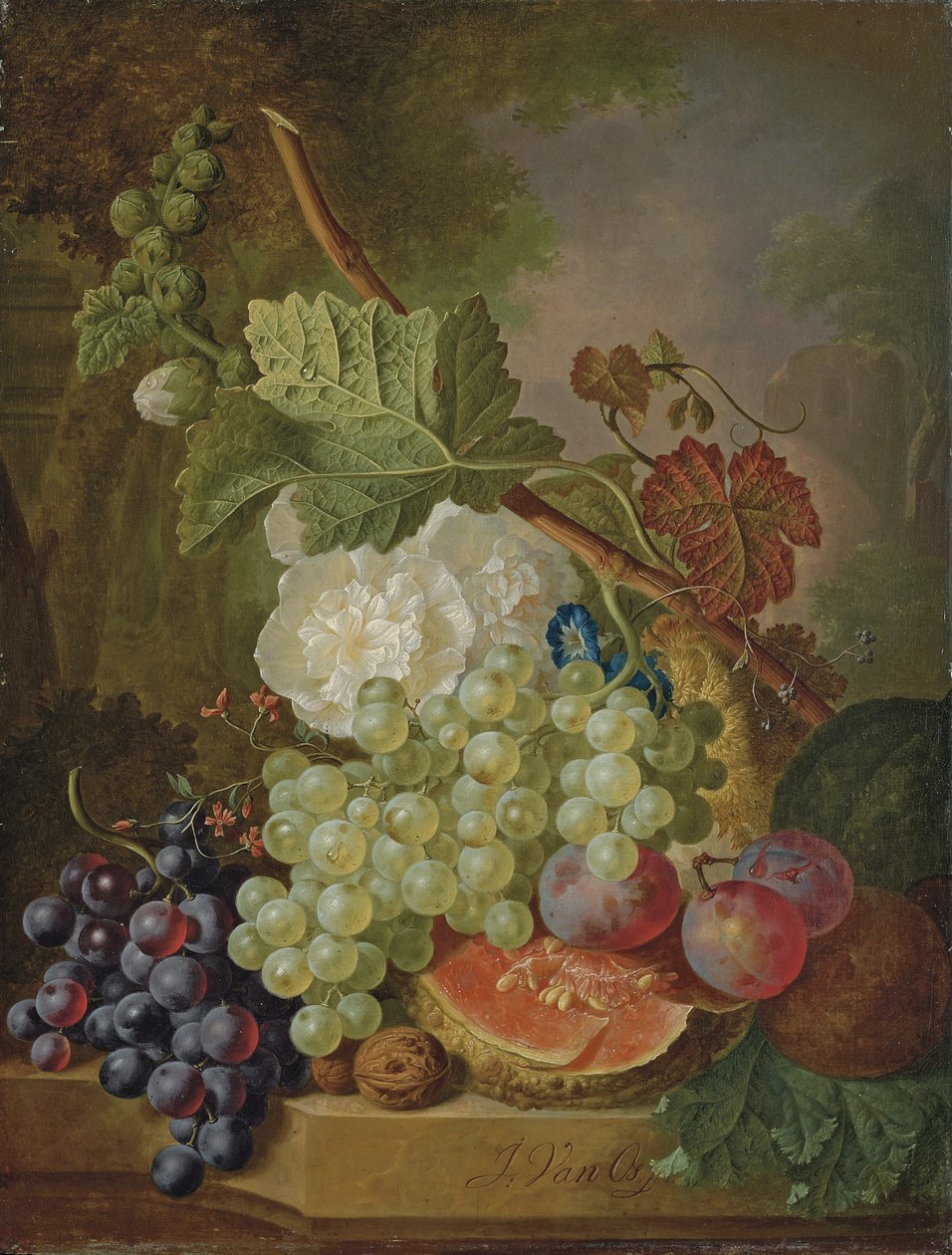 Bloemen, druiven, pruimen, walnoten en een meloen op een stenen richel door Jan van Os