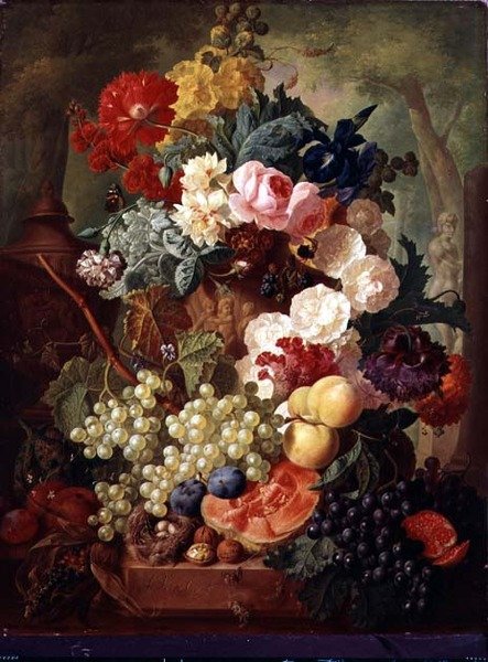Rozen, een Iris en een Klaproos door Jan van Os