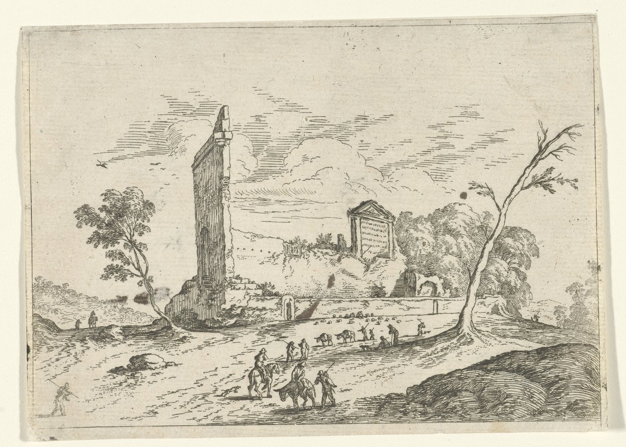 Landschap met Romeinse ruïne en ezelherders door Jan van Ossenbeeck (attributed to)