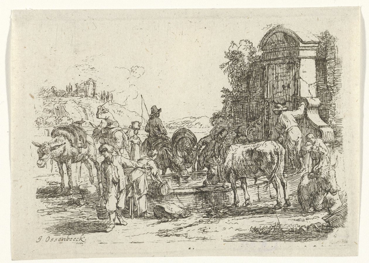 Drinkend vee bij een bron door Jan van Ossenbeeck