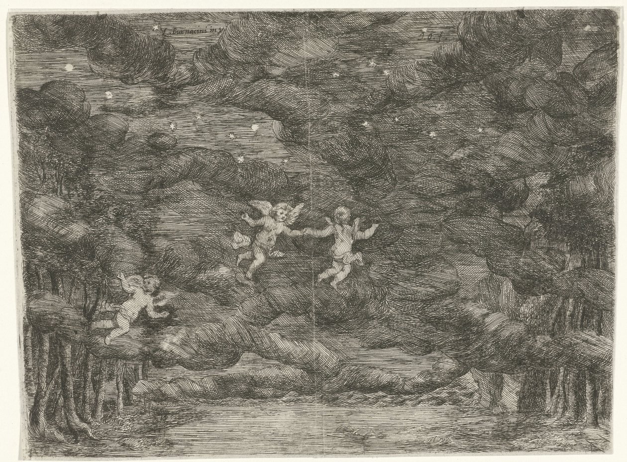 Toneeldecor met engelen aan de nachtelijke hemel door Jan van Ossenbeeck