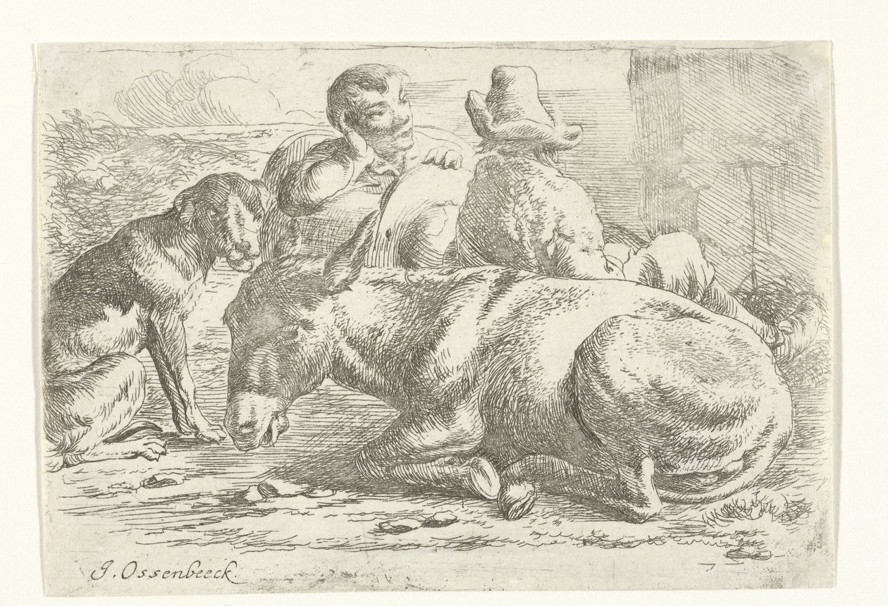 Twee rustende ezeldrijvers door Jan van Ossenbeeck