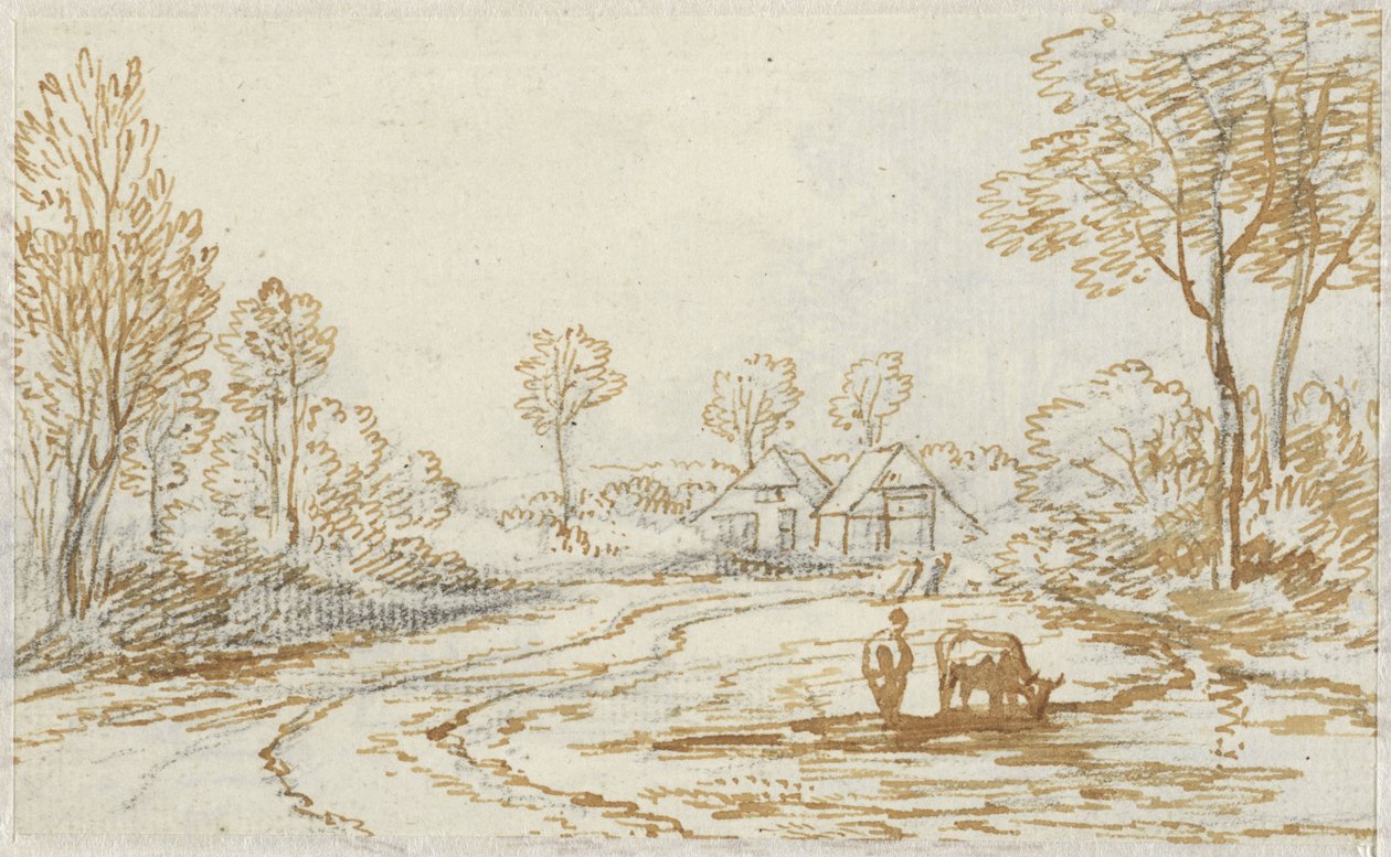 Landschap met herders en vee, met op de achtergrond twee huizen door Jan van Ravenswaay