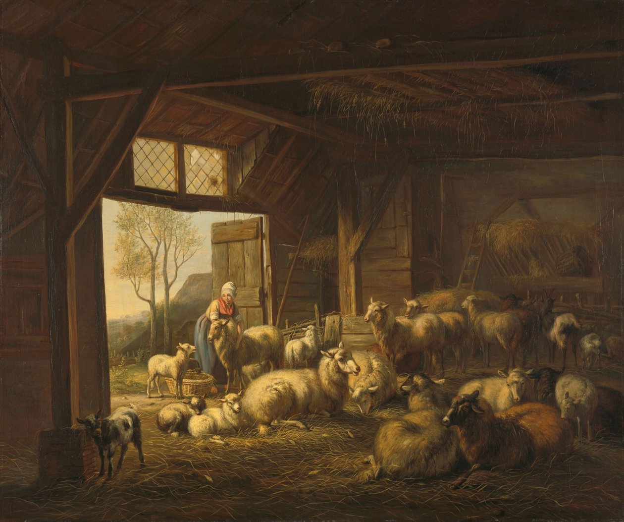 Schapen en geiten in een stal door Jan van Ravenswaay