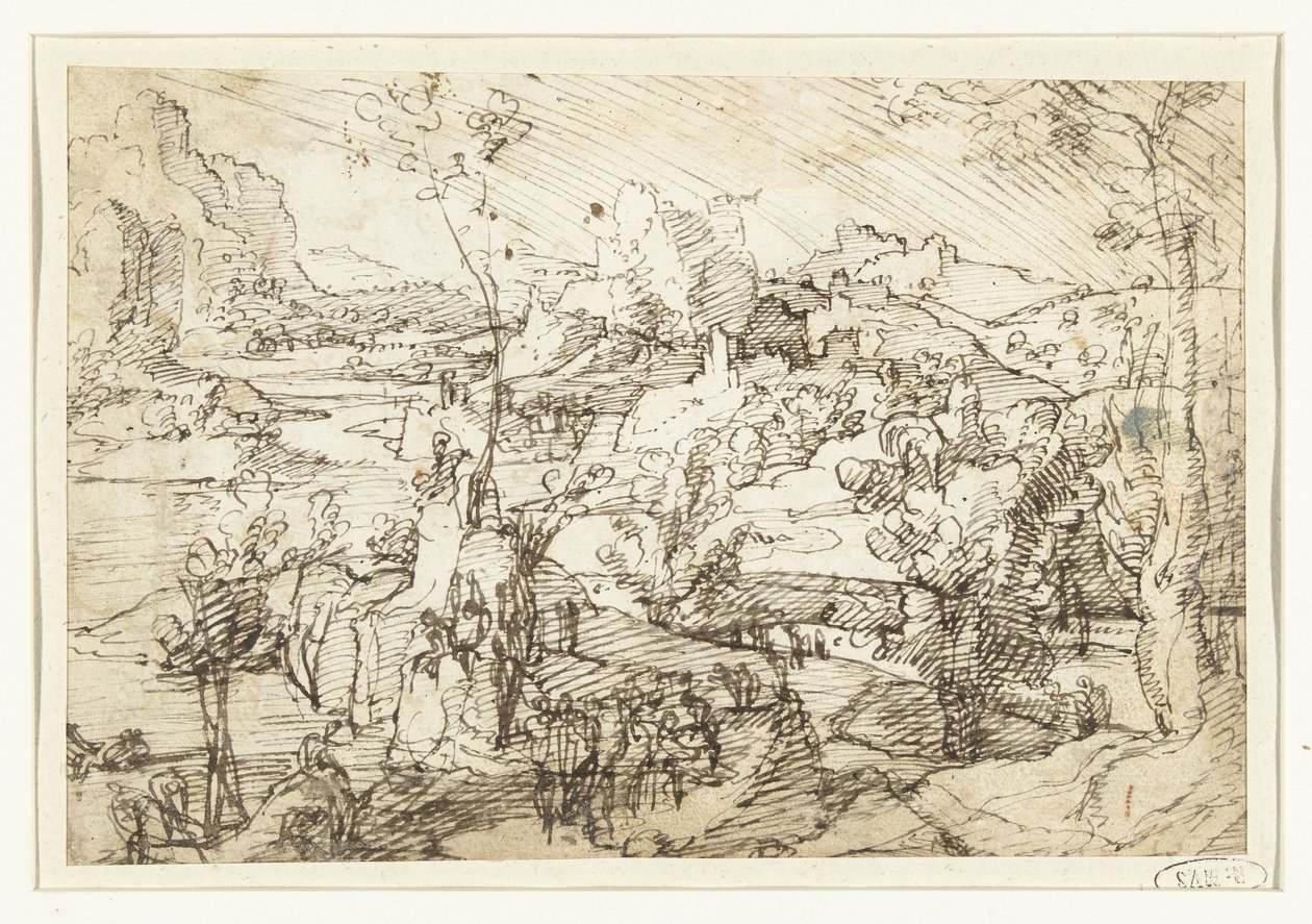 Landschap met rotsen, figuren en een zeilschip door Jan van Scorel (attributed to)